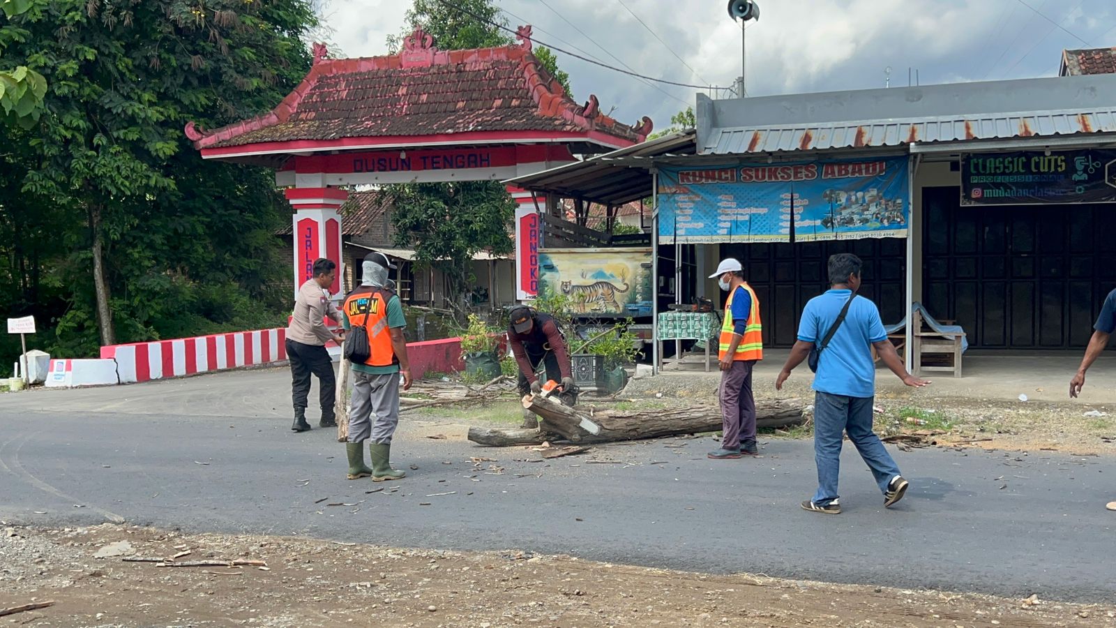 Antisipasi Pohon tumbang,Polri bersama instansi terkait laksanakan penebangan pohon lapuk di sepanjang jalan