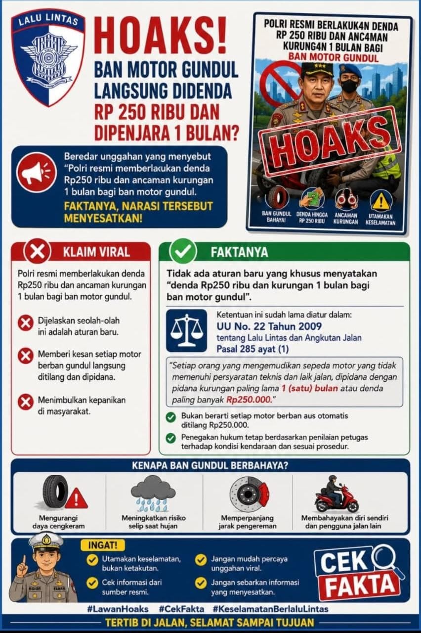 Korlantas Polri: Masyarakat Diimbau Tidak Mudah Percaya Hoaks Terkait Polisi Akan Denda Rp250 Ribu untuk Ban Gundul